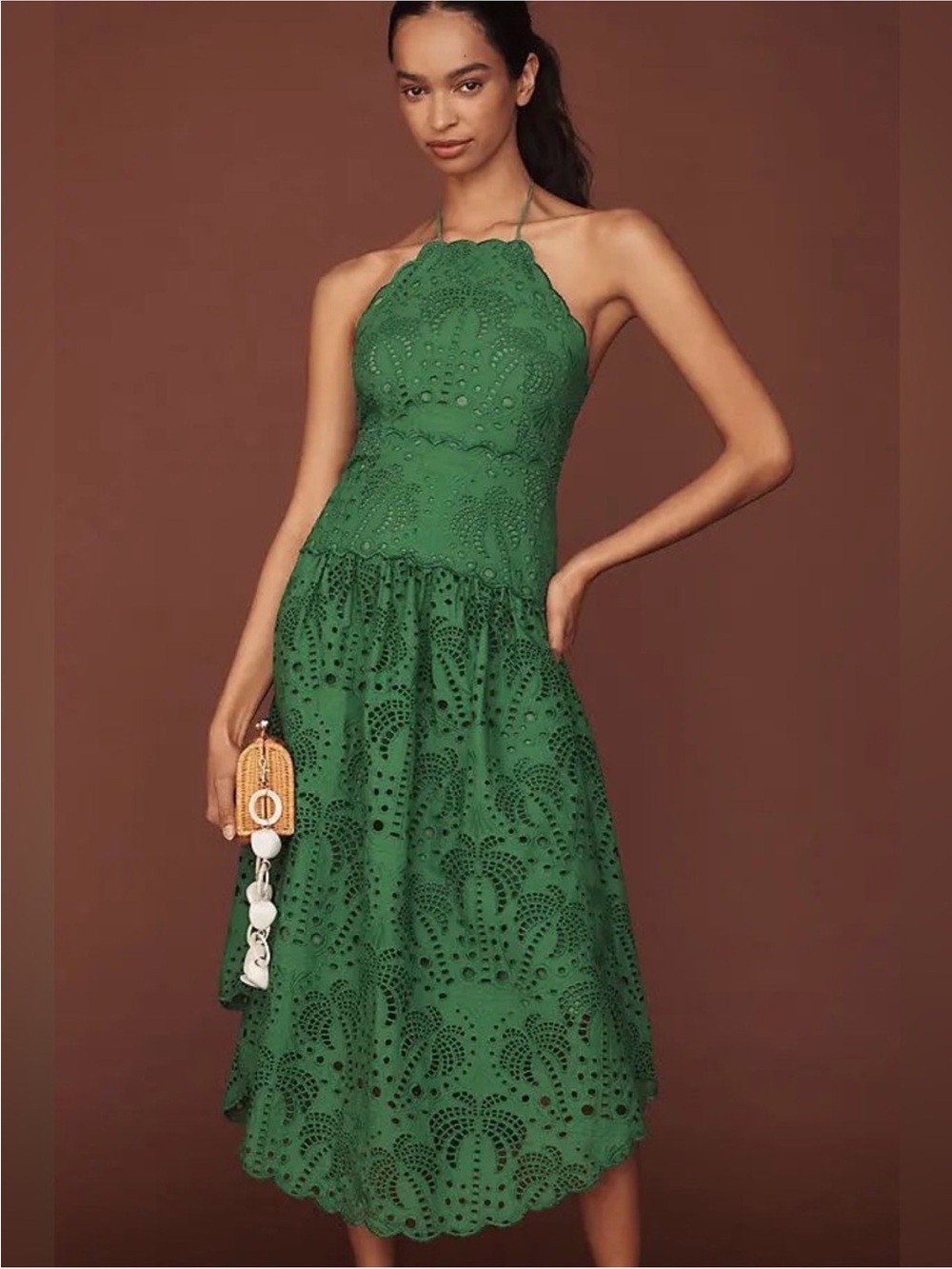 FARM Rio Green Eyelet Halter Midi Dress